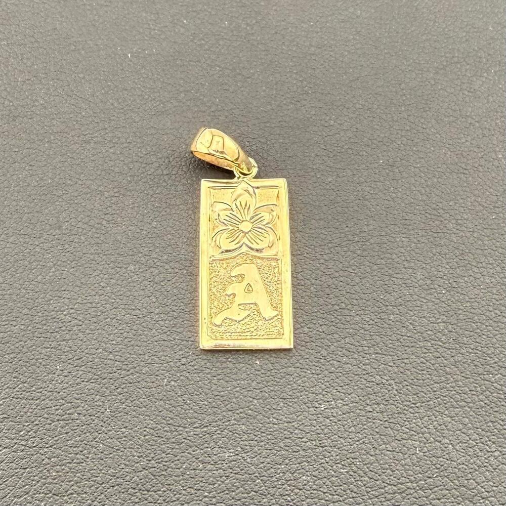 14KT Yellow Gold Single Initial Hawaiian Pendant Hand Carved Plumeria Letter A